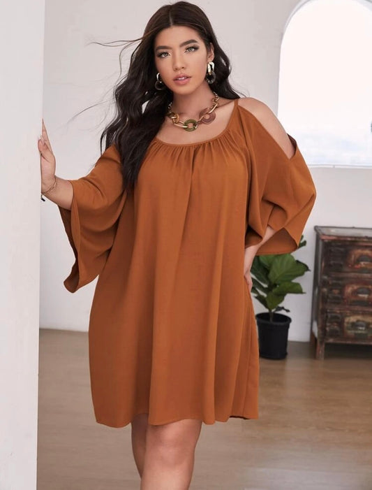 Sophisticated Burnt Orange Plus Cold Shoulder Night Out on the Town Party Styled Dress for the Confident One Clothing