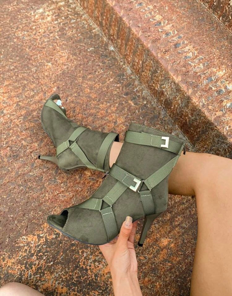 Army Girl Green Multiple Strap Trendy And Stylish High Heeled Peep-Toe Sandal Booties Fashionable Shoes Accessories