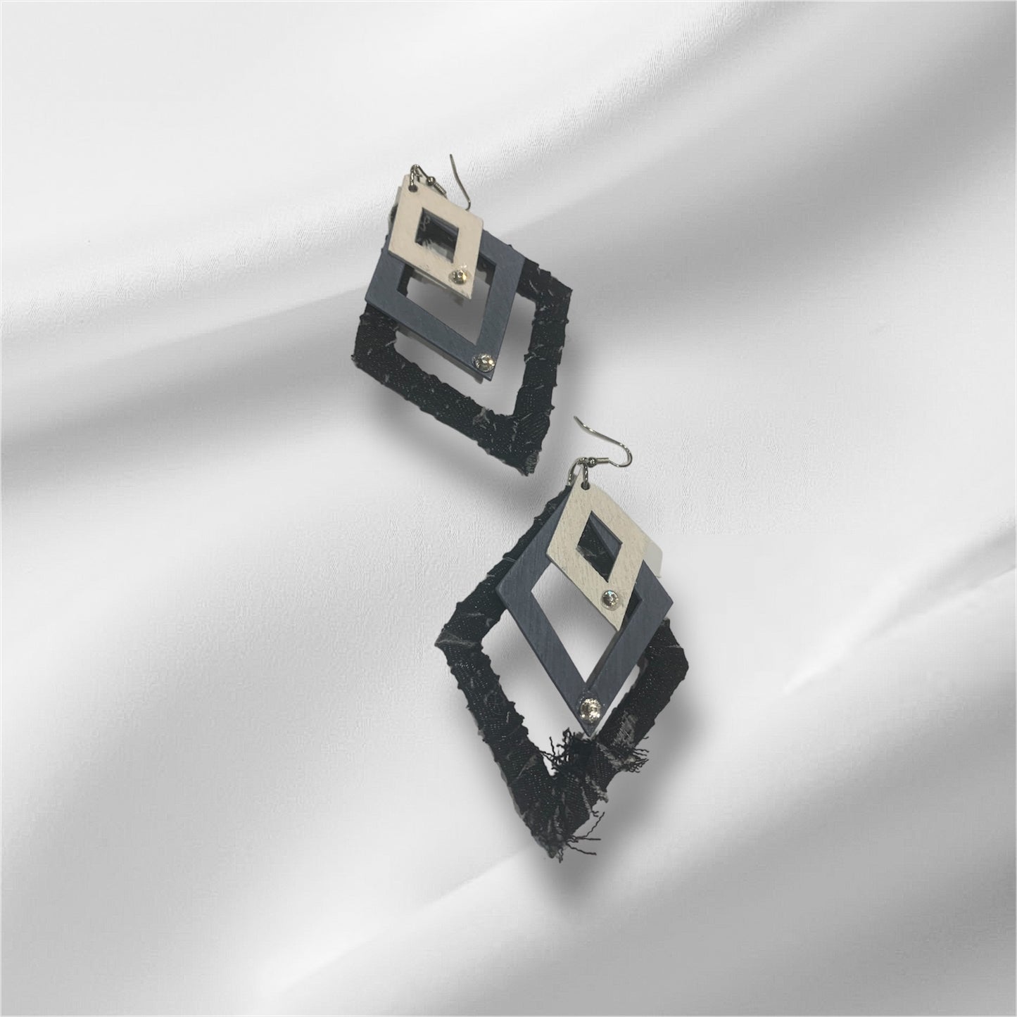 Fashion Statement Black Denim w Gray & White Accented Colors Wood Distressed Rhinestone Customized Triangles Earrings Jewelry