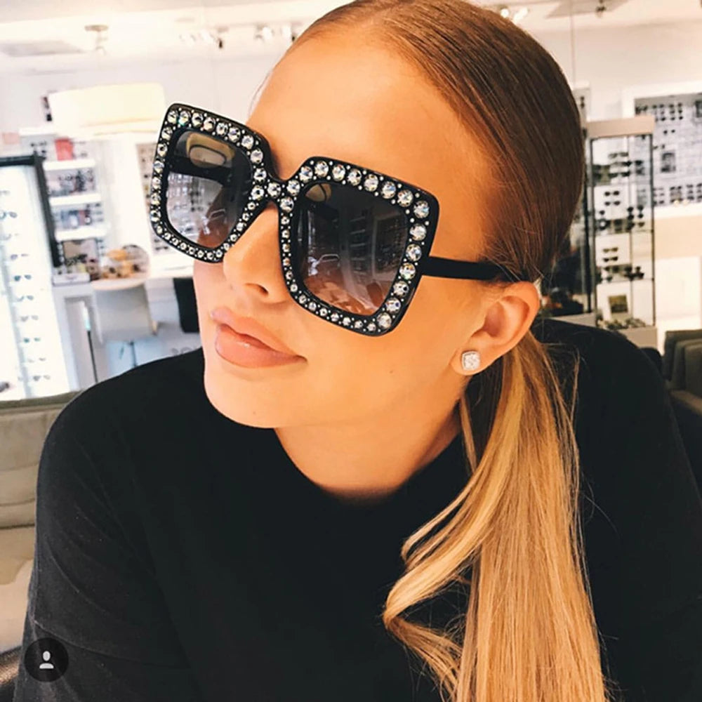 Fashion Trendy Big Square Luxury Rhinestone Sunglasses Women Shades Eyewear