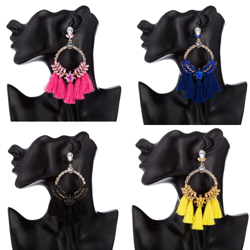 Lovely Exaggerate Floral Rhinestone Tassels Fashion Diva Female Earrings Bohemian Style Jewelry