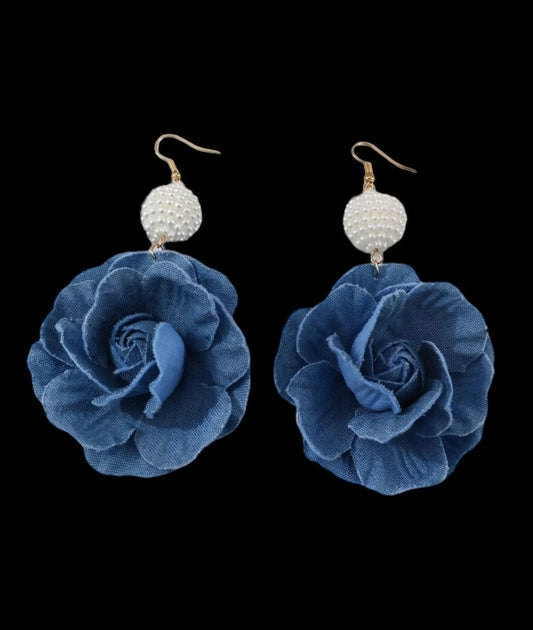 Elegant Faux Pearl Denim Rose Flower Women Drop Decor Fashion Statement Earrings Accessories