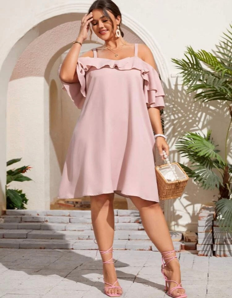 Baby Pink Smooth Classy Styling Plus Off Shoulder Ruffle Trim Trendy Fashion Statement Dress