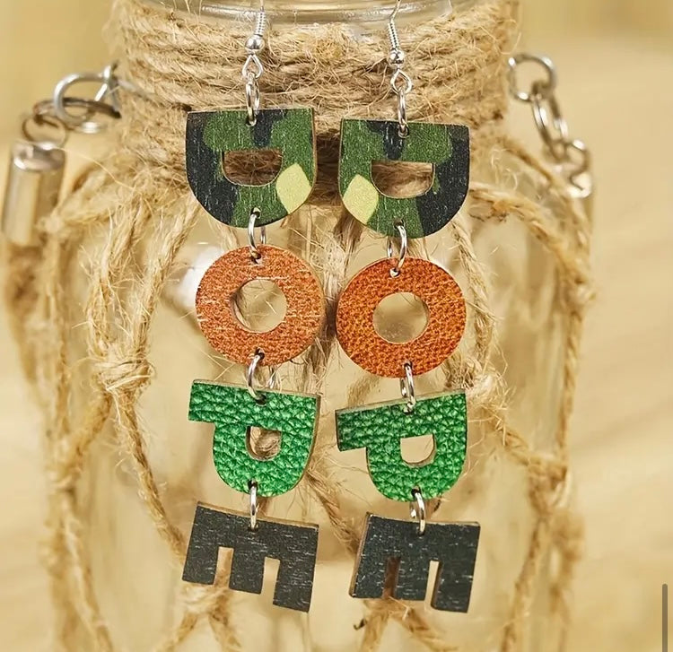 Colorful Army Styled DOPE Camouflage Pattern Dangle Earrings Wooden Jewelry