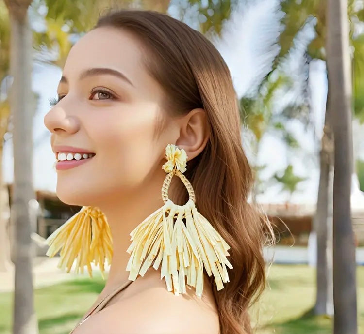 Beach Styled Palm Tree Flower Tassel Long Tan Drop Earrings Jewelry Accessories