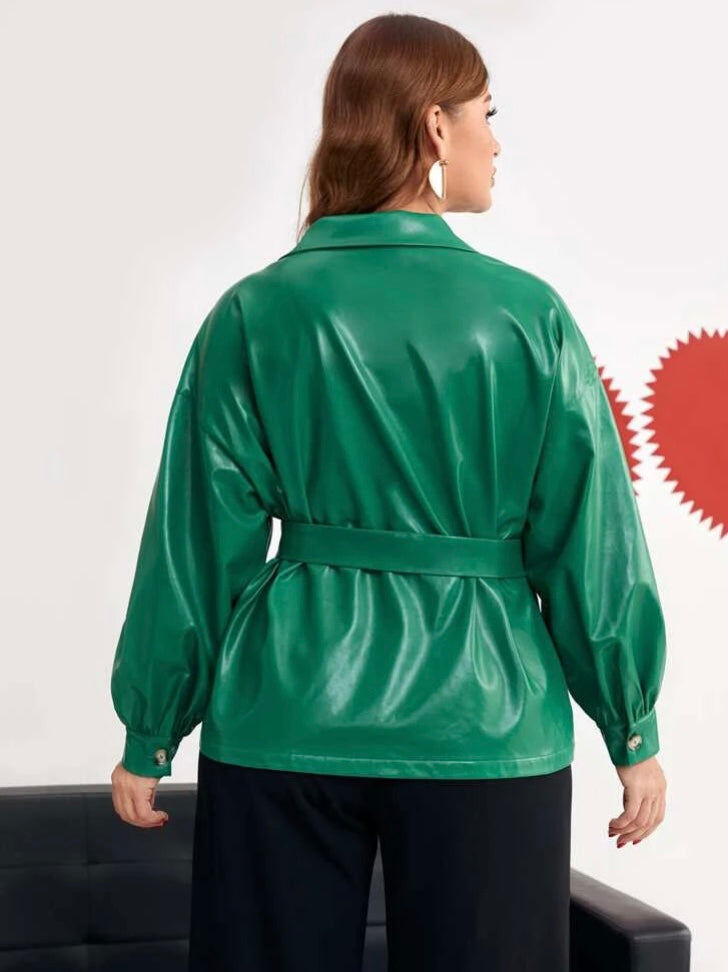 Attractive Green Plus Shirt Blouse Shoulder Belted Stylish PU Leather Jacket for Fall Winter  Clothing Casual Formal Wear