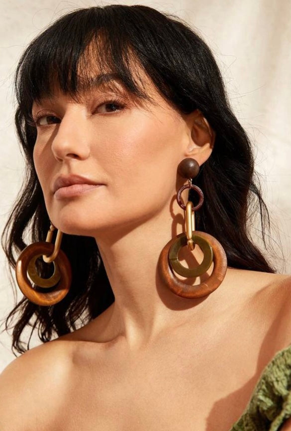 Army Green Brown Two Earth Tone Colored Fashion Statement Wooden Bohemian Style Earrings