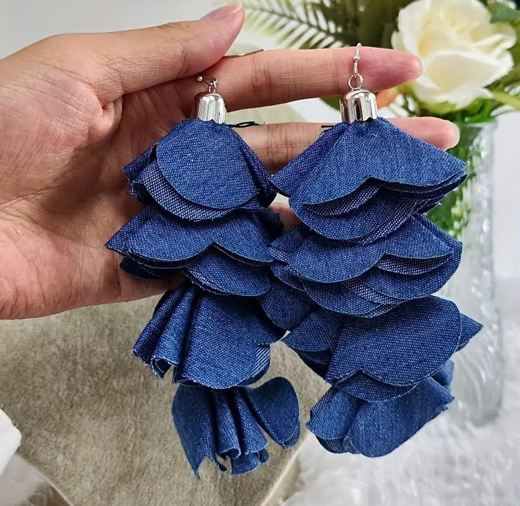 Beautiful Four Layered Denim Handmade Flower Petal Tassel Dangle Earrings for Women Fashion  Jewelry