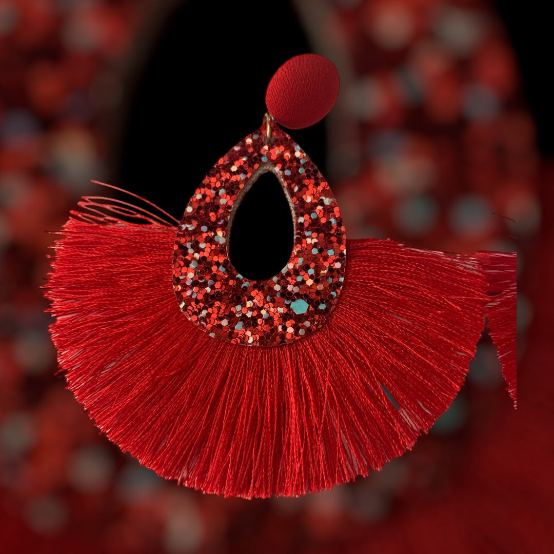 Red Tassel Glitter Feathered Statement Fashion  Earrings Women’s Accessories