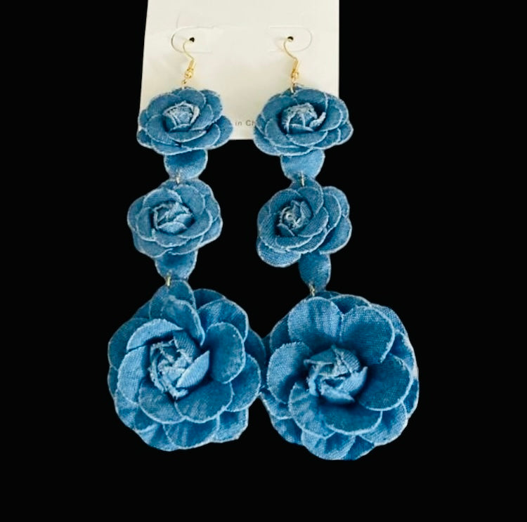 Beautiful Fashionable Triple Denim Flower Blue Jeans Big Flower Earrings for Women Jewelry Accessory