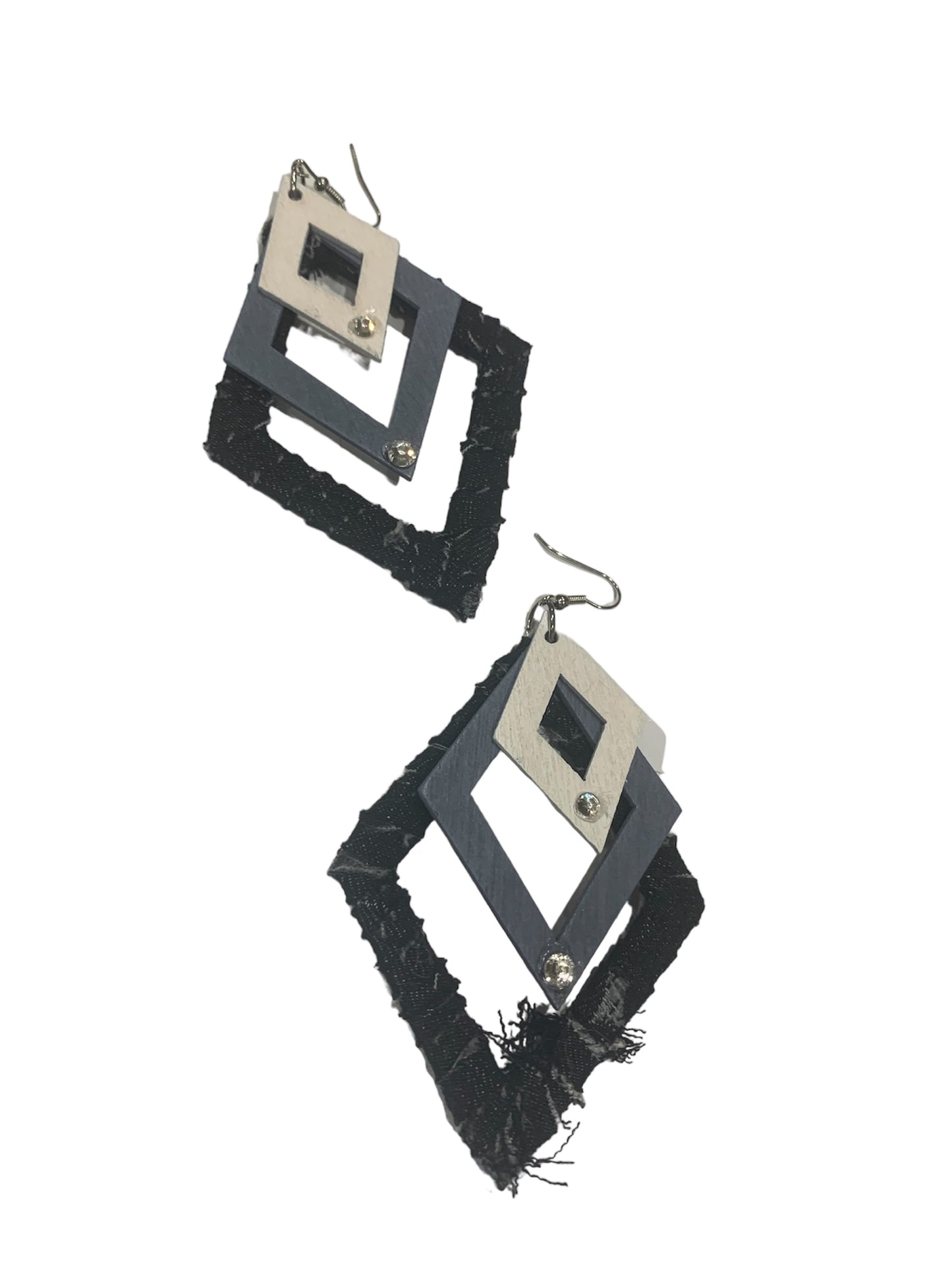 Fashion Statement Black Denim w Gray & White Accented Colors Wood Distressed Rhinestone Customized Triangles Earrings Jewelry