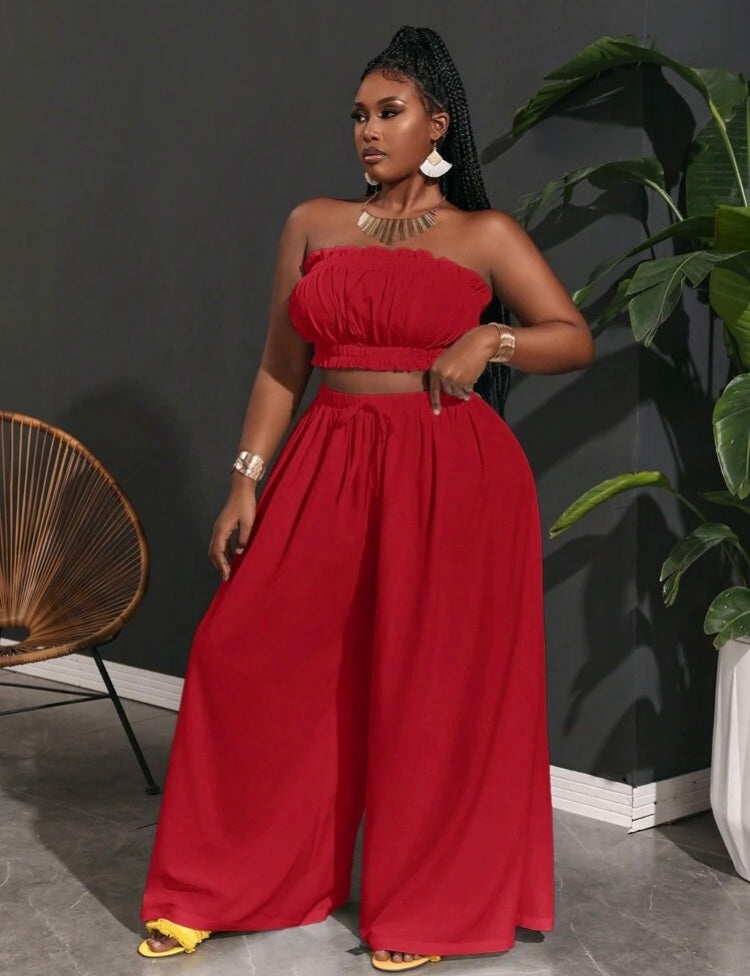 Pretty in Red Women's Plus Size Ruffle Trim Cami Halter Top & Baggie Waist Wide Leg Pants Set