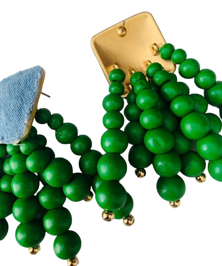 Green Denim Wooden Round Beaded Chain Drop Earrings High-Quality Fashion Trend Jewelry Accessories