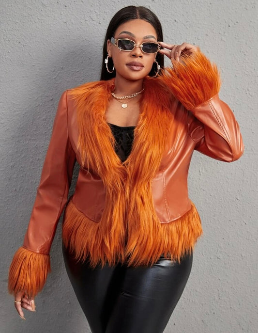 Orange & Tangy Plus Size Diva Fur Fuzzy Cuff Shawl Collar PU Leather Jacket Coat Winter Wear