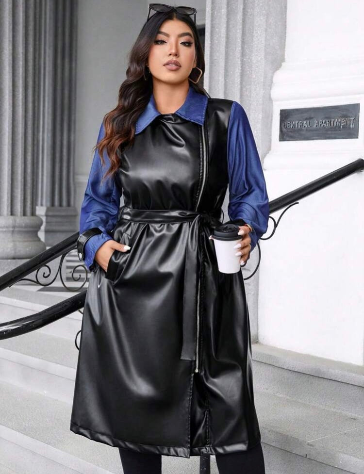 Sophisticated Obsessed Black Blue Plus Size Women's Fall Autumn Long Sleeve Casual PU Leather Denim-Like Jacket Coat for Casual Wear