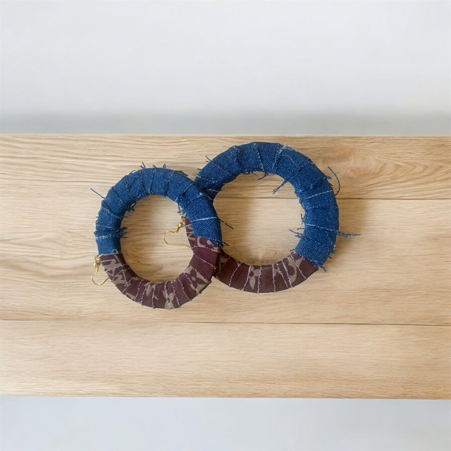 Brown Denim Fashion  Statement Wood Distressed Customized Big Hoops Designer Earrings Jewelry