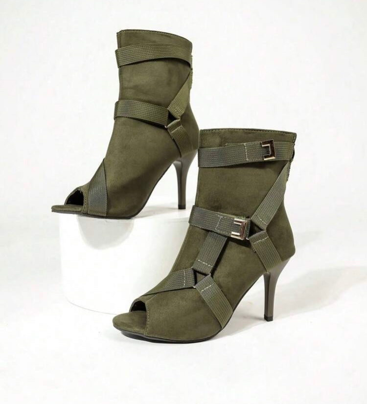 Army Girl Green Multiple Strap Trendy And Stylish High Heeled Peep-Toe Sandal Booties Fashionable Shoes Accessories