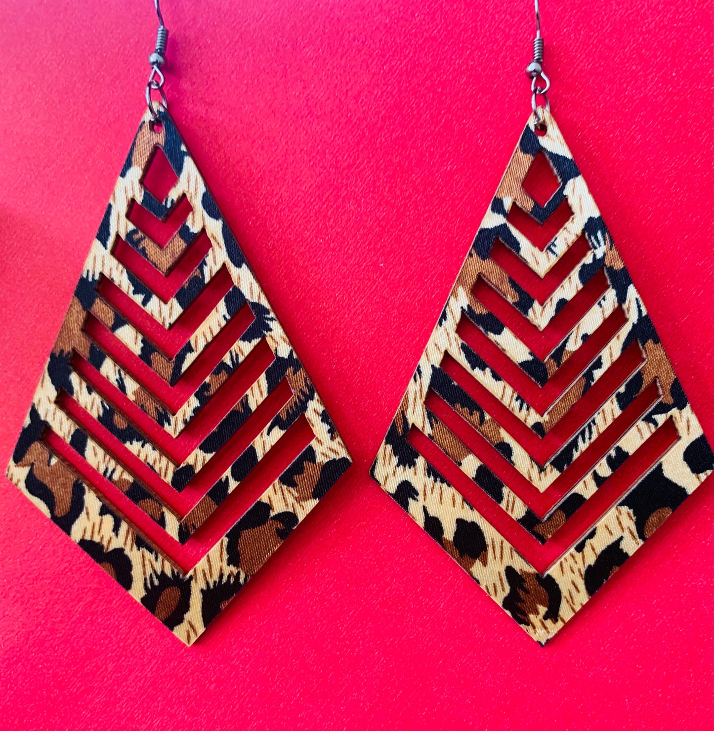 Ladies Women's Brown Long Acrylic Styled Fashion  Wood Statement Earrings Cheetah Styled Accessories