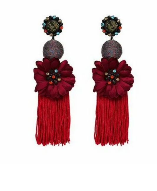 Long Stylish Fringed Statement Tassel Earring Dangle Drop Flower Two Toned Earrings Women Jewelry