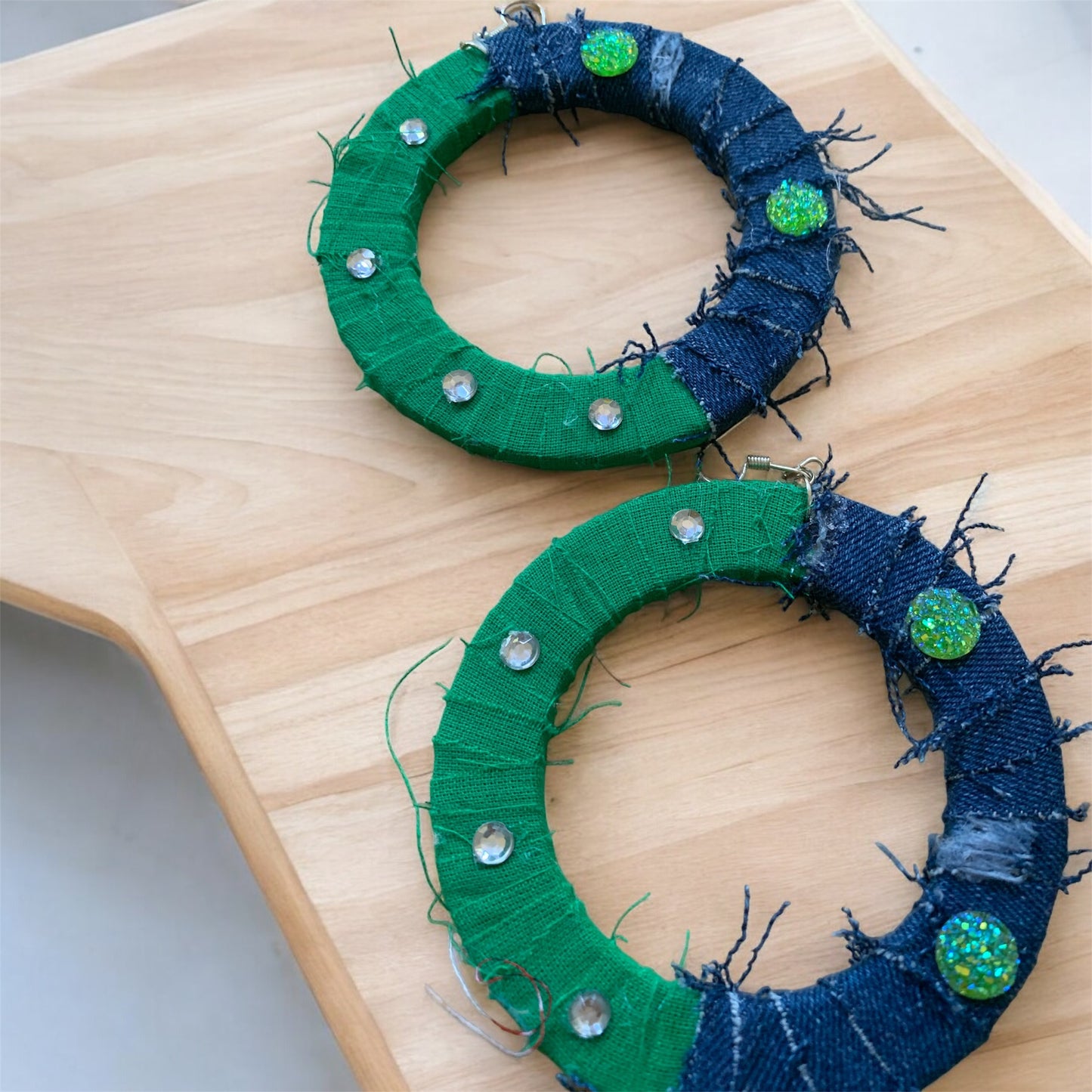 Green Stylish Fashion Statement Denim Wood Distressed Customized Hoop Earrings Jewelry