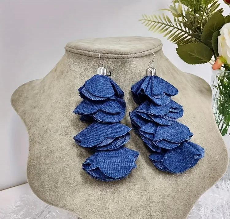 Beautiful Four Layered Denim Handmade Flower Petal Tassel Dangle Earrings for Women Fashion  Jewelry