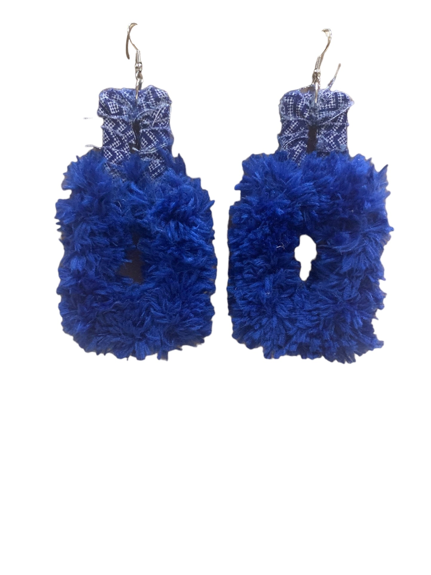 Fashion Statement Double Square Design Customized Denim Look Blue Furry Fuzzy Diva Chic Earrings Accessories