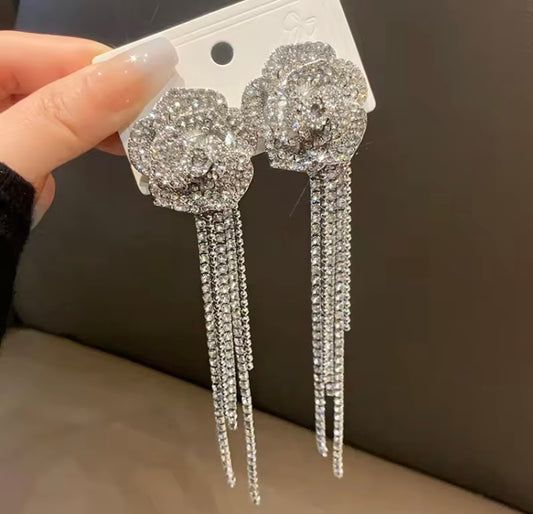 Bling Bling Flower Silver Pendant Shiny Rhinestone Crystal Long Dangling Earrings Jewelry