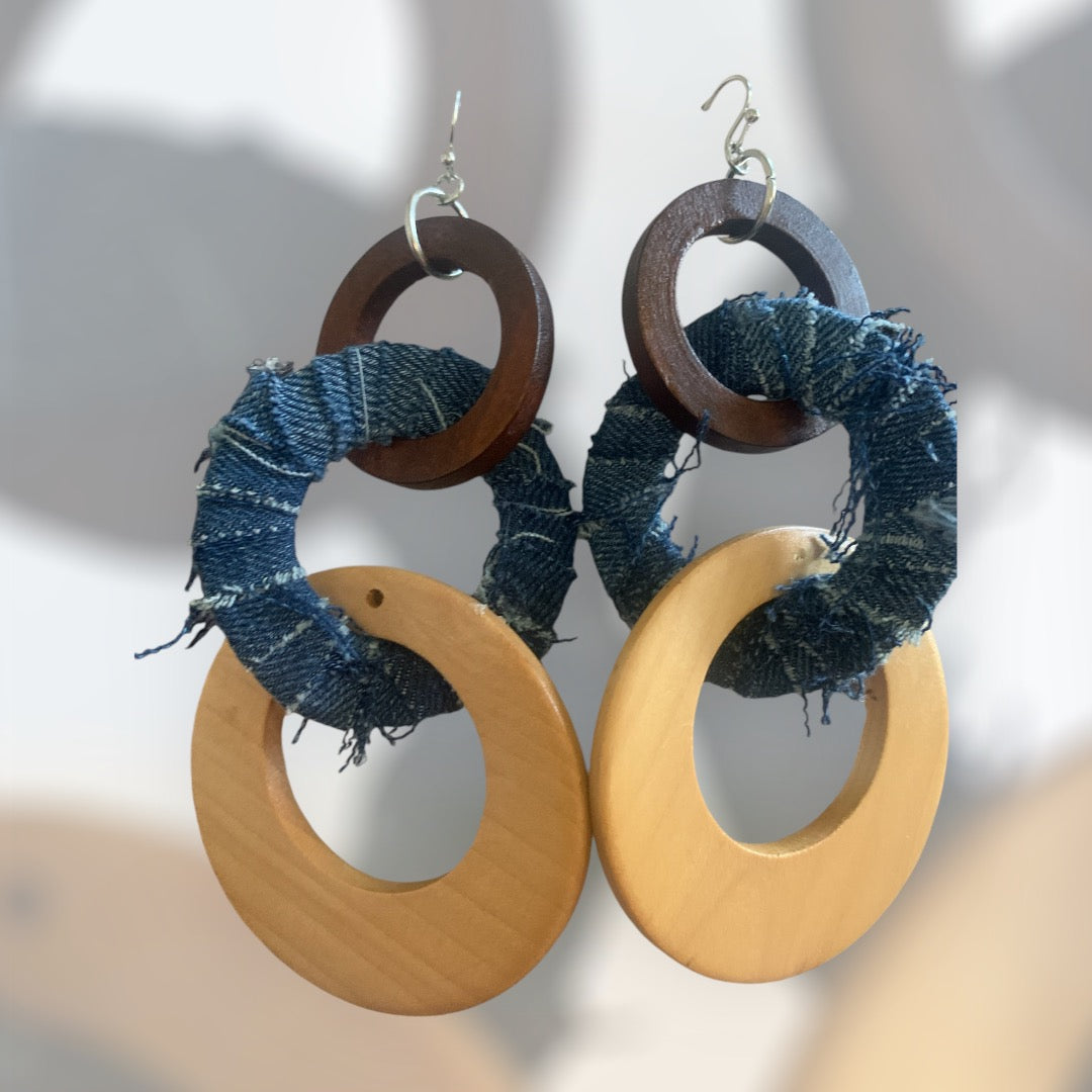 Handmade Fashion Denim Wood Statement 3 Ring Dangling Earrings Accessories Women's