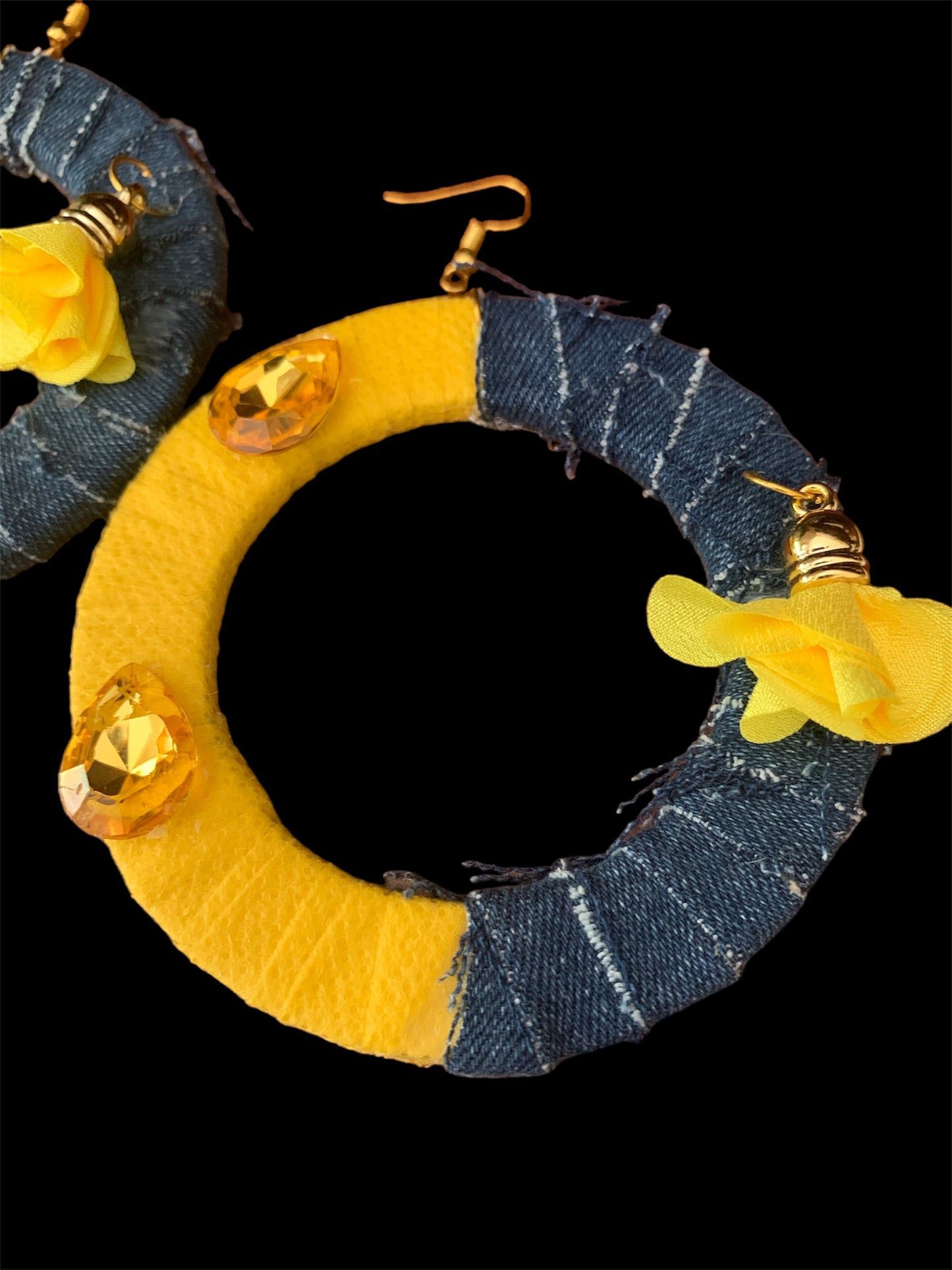 Fashion Statement Denim Yellow Wood Distressed Customized w Floral Enhanced Hoop Earrings Jewelry