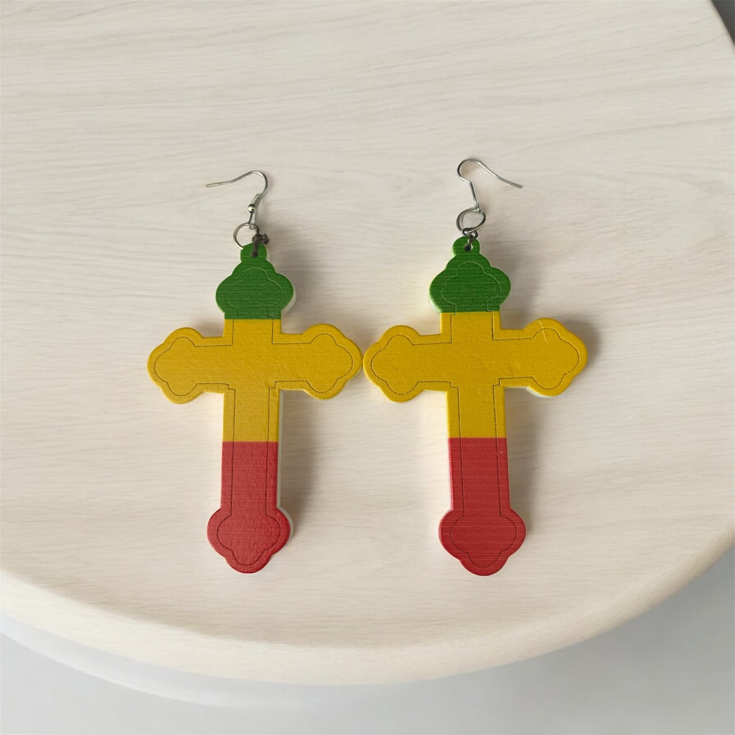 Ladies Jamaican Bob Marley Styled Wood  Cross Fashion Statement  Dangle Women's Earrings