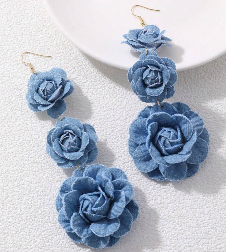 Beautiful Fashionable Triple Denim Flower Blue Jeans Big Flower Earrings for Women Jewelry Accessory