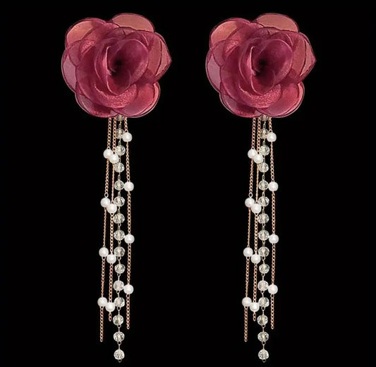 Wine Red Rose Styled Elegant Mesh Flower Dangle Earrings w Pearl Tassels