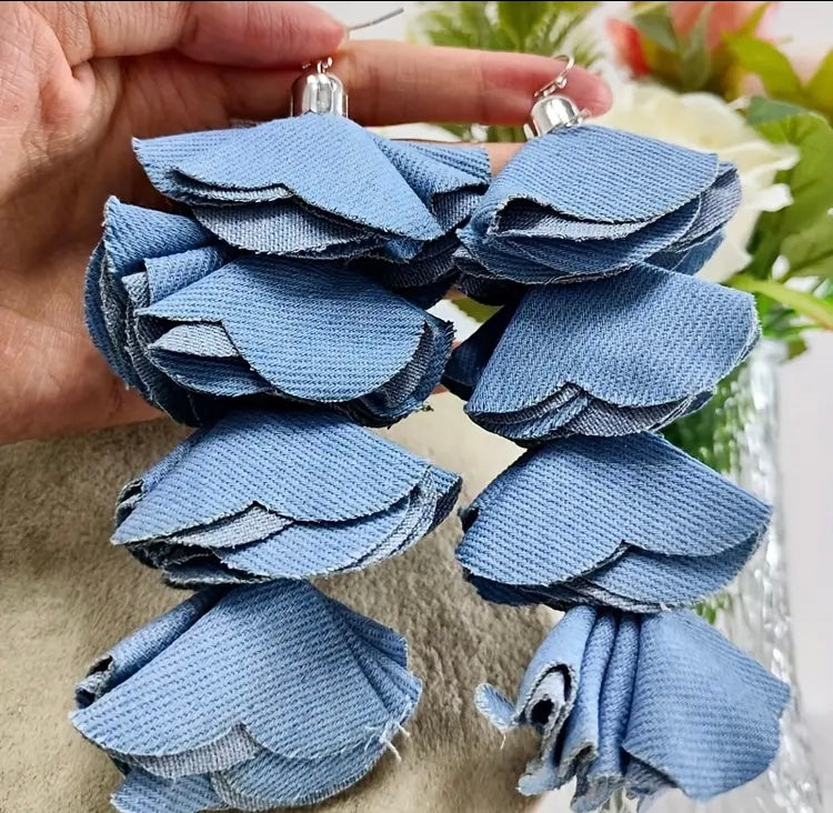 Beautiful Four Layered Denim Handmade Flower Petal Tassel Dangle Earrings for Women Fashion  Jewelry