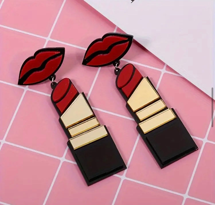 Fashion Acrylic Red Mouth Lips Kiss Lipstick Drop Earrings Jewelry