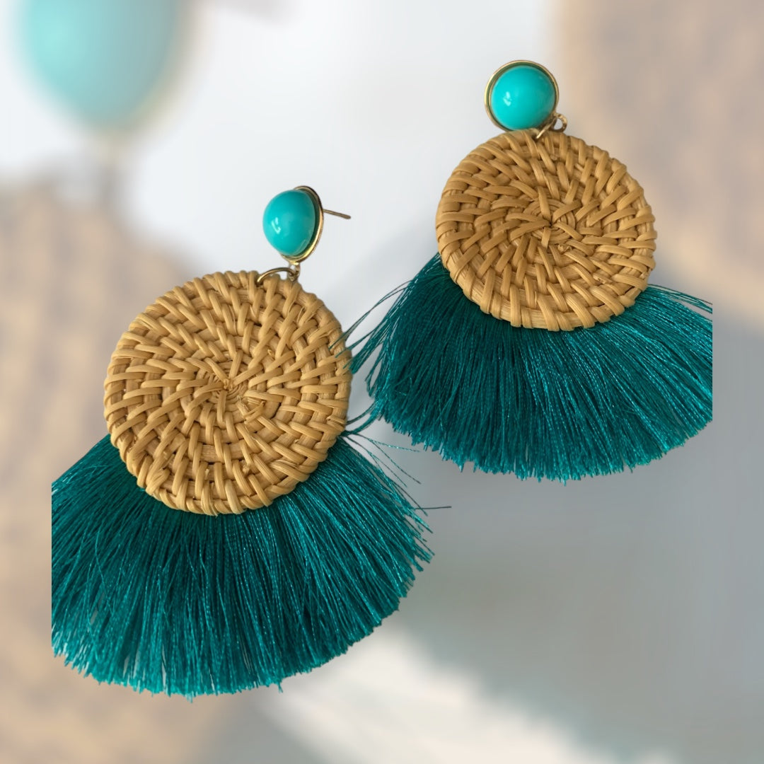 Women's Tassel Teal Green Woven Feathered Style Statement Chic Fashion Earrings Ladies