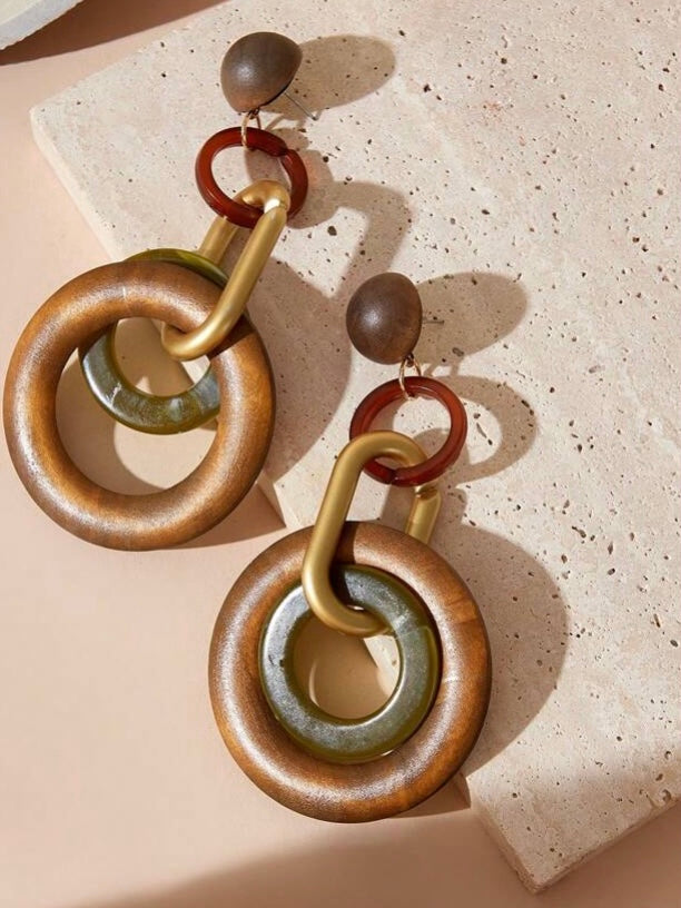 Army Green Brown Two Earth Tone Colored Fashion Statement Wooden Bohemian Style Earrings