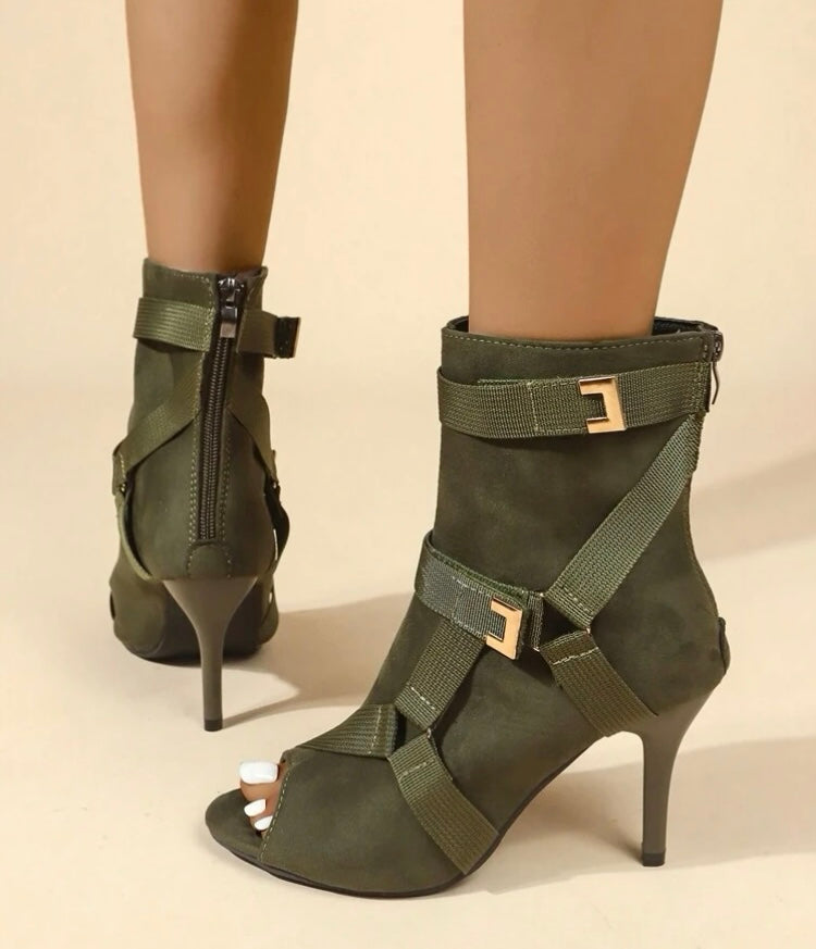 Army Girl Green Multiple Strap Trendy And Stylish High Heeled Peep-Toe Sandal Booties Fashionable Shoes Accessories