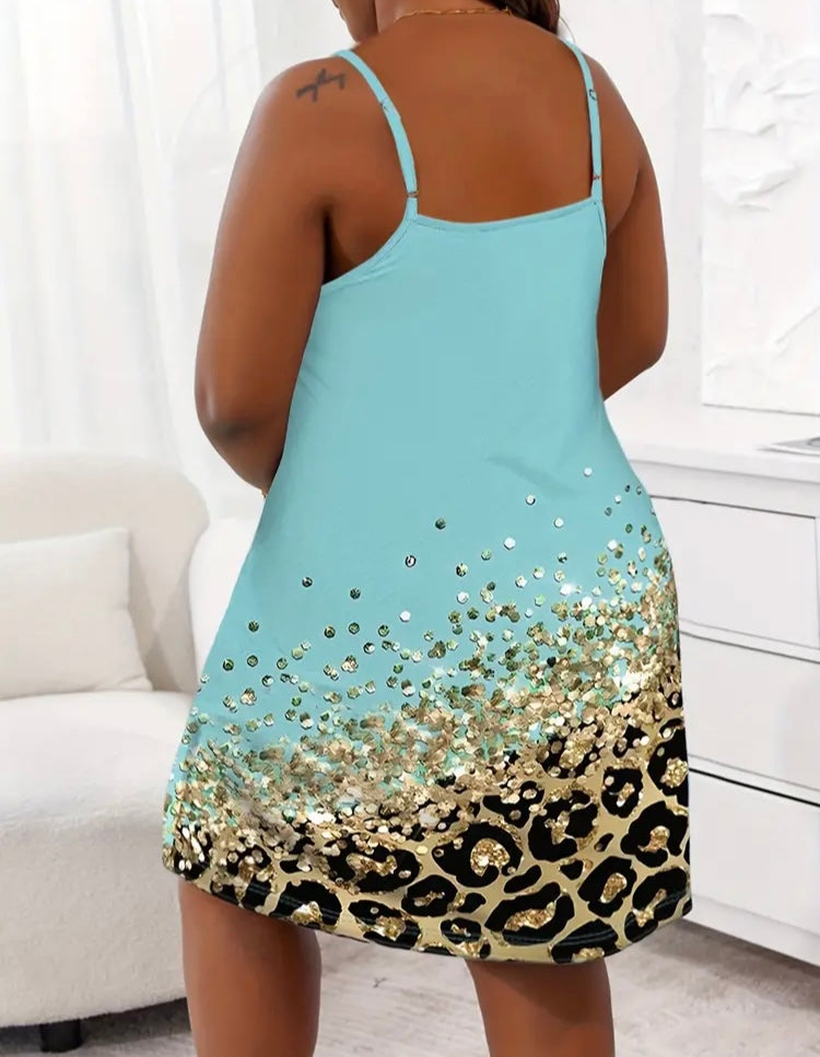 Plus Size Earth-Tone Summer Leopard Print Summer Dress w Rhinestones Designed Highlights Perfect for Vacations Women’s Clothing