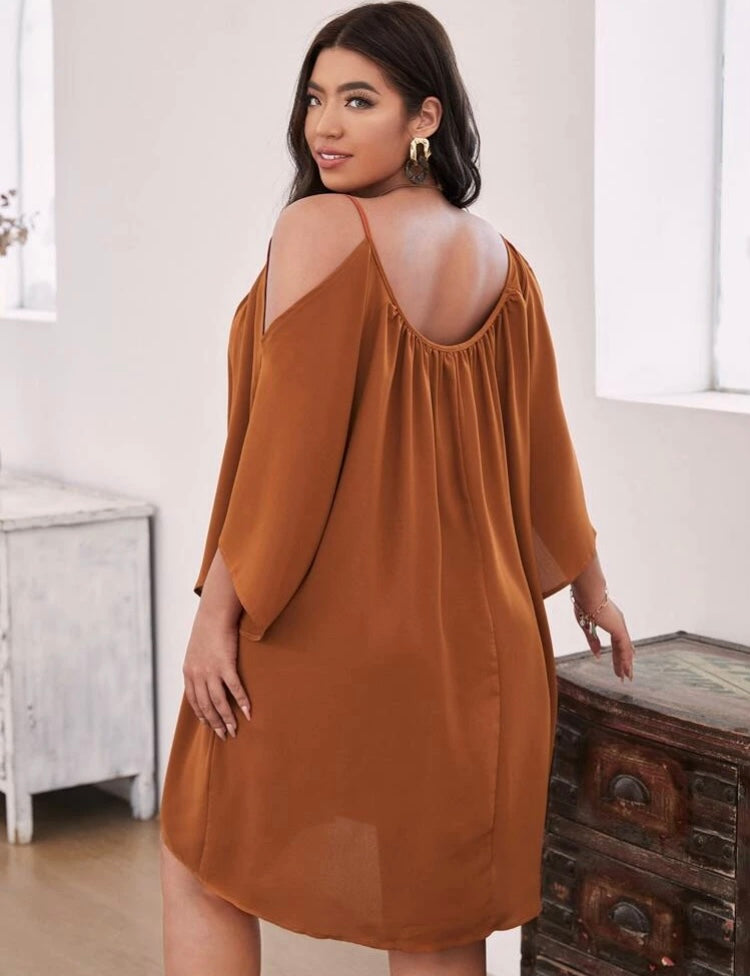 Sophisticated Burnt Orange Plus Cold Shoulder Night Out on the Town Party Styled Dress for the Confident One Clothing