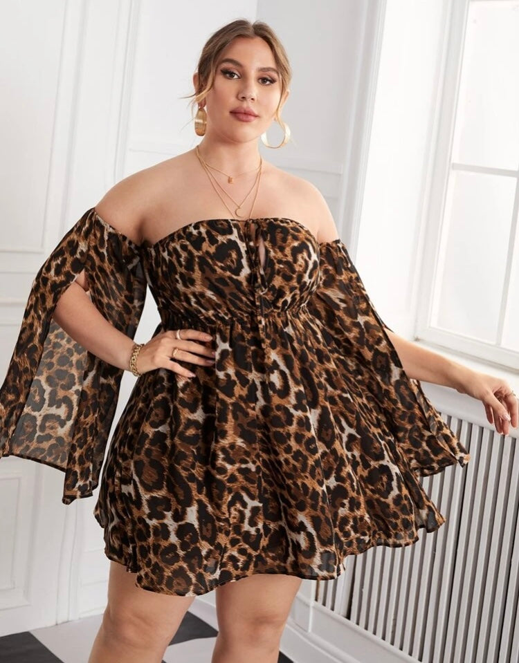 Pretty Plus Leopard Print Off Shoulder Split Sleeve Knot Front Fab Dress Women’s Wear