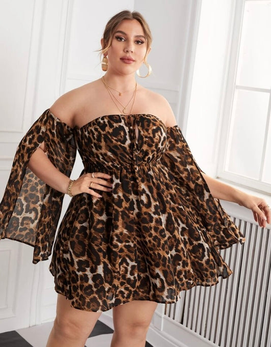 Pretty Plus Leopard Print Off Shoulder Split Sleeve Knot Front Fab Dress Women’s Wear