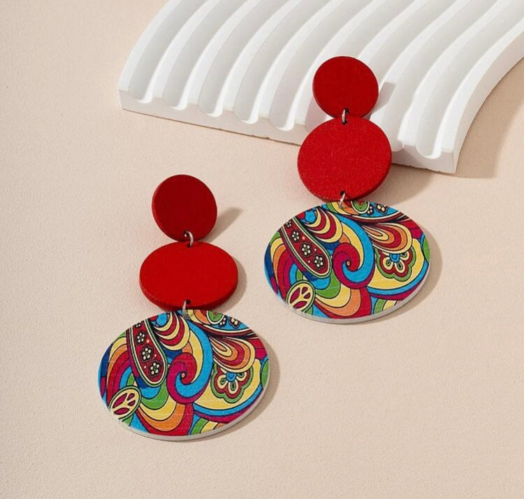 Cute Red Paisley Rainbow Colors Designed Graphic Wooden Round Drop Earrings Jewelry