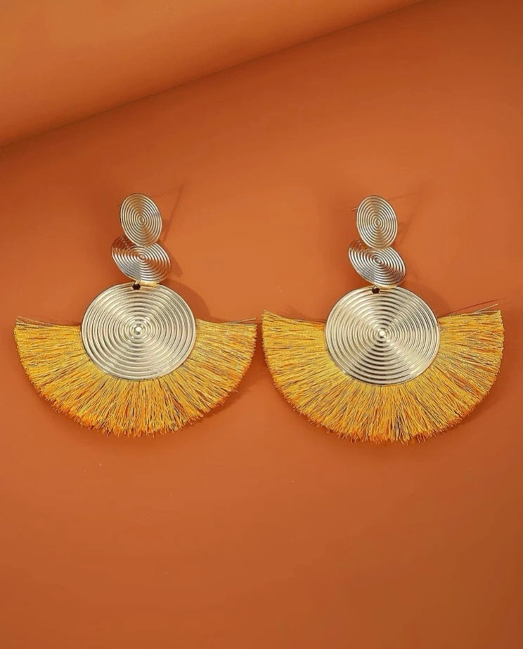 Gold Yellow Classy Circle Tassel Drop Earrings Bohemian Style Fan-Shaped Earrings for Women Accessories