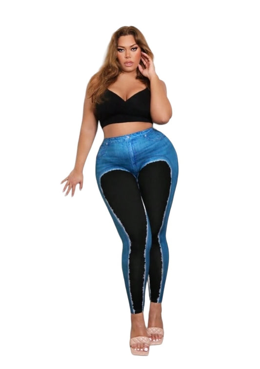 Plus Size Women's Denim Look Sexy Slim Fit Leggings w Ripped And Patchwork Design Wear