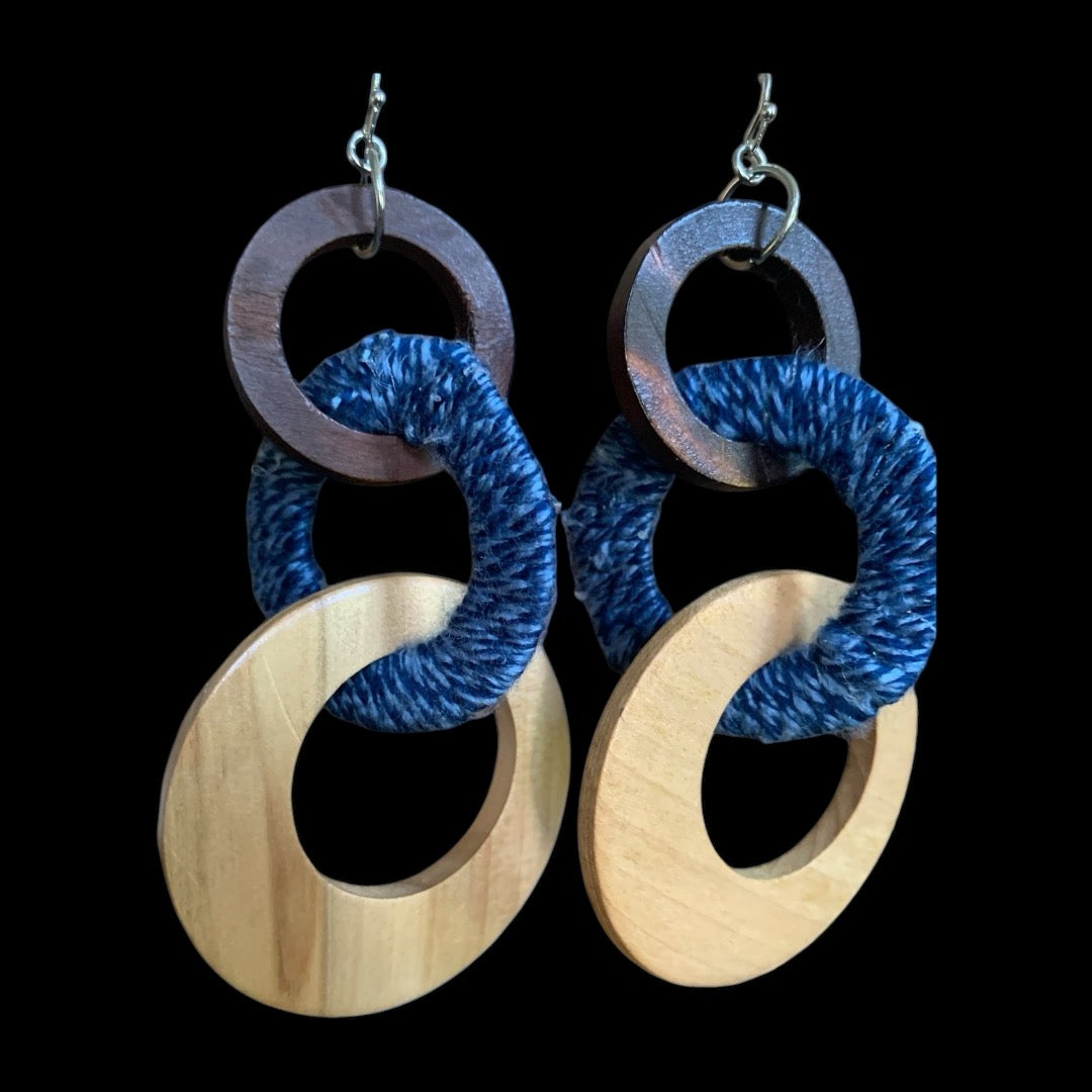 Handmade Fashion Denim Wood Statement 3 Ring Dangling Earrings Accessories Women's