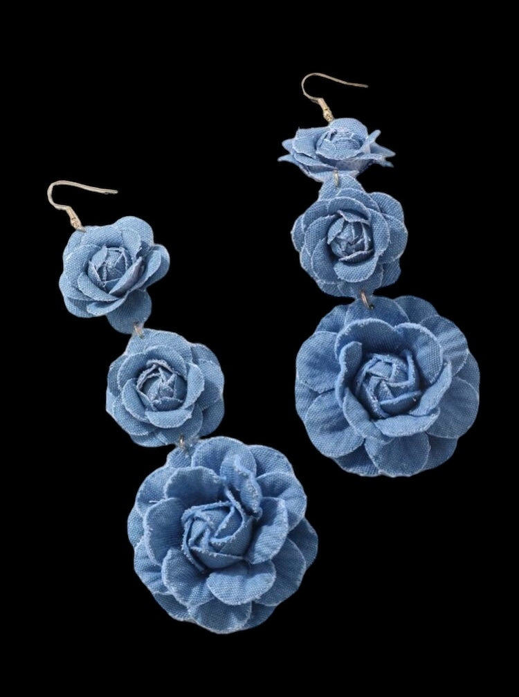 Beautiful Fashionable Triple Denim Flower Blue Jeans Big Flower Earrings for Women Jewelry Accessory