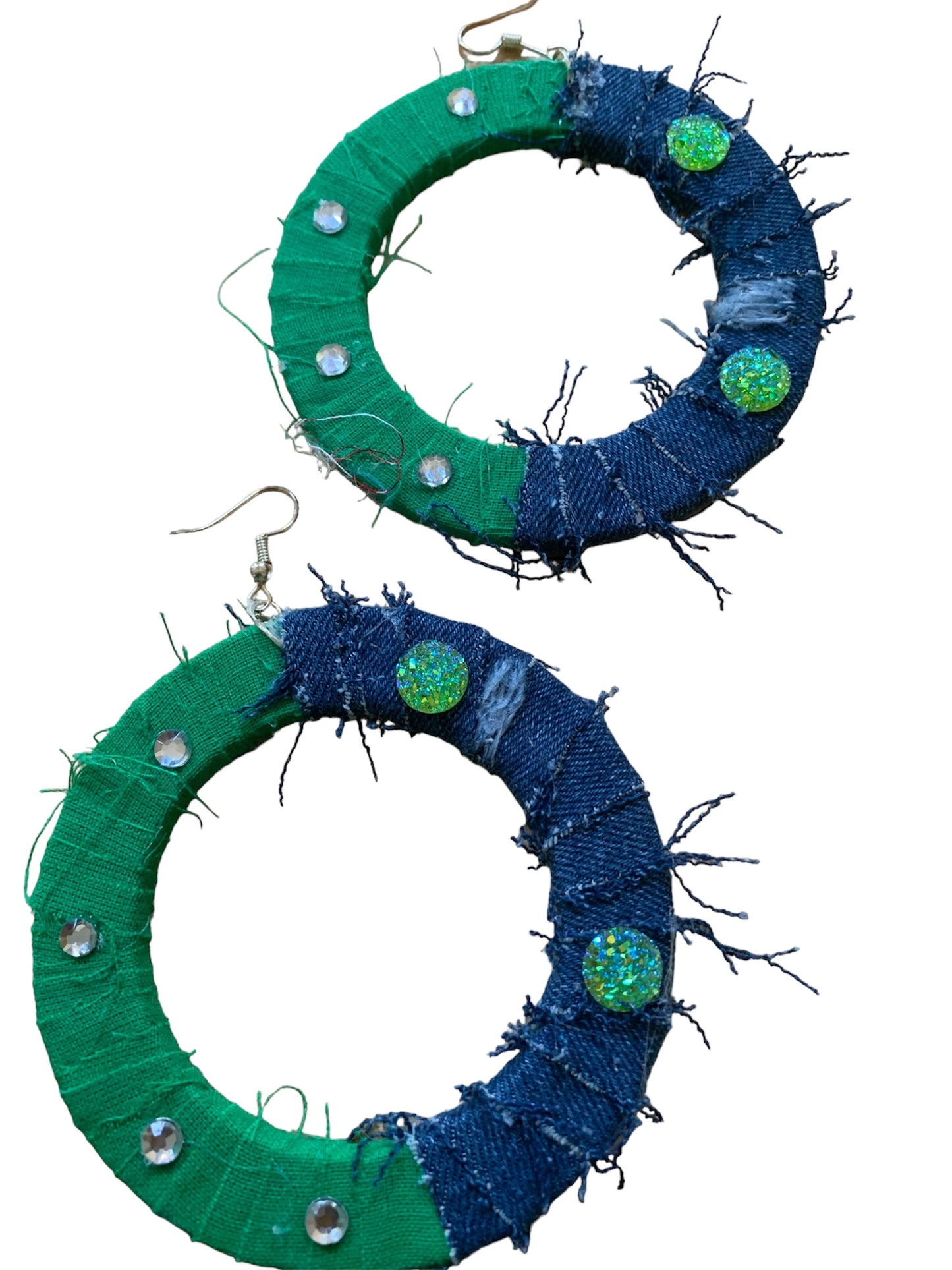 Green Stylish Fashion Statement Denim Wood Distressed Customized Hoop Earrings Jewelry