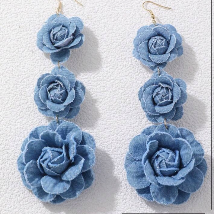 Beautiful Fashionable Triple Denim Flower Blue Jeans Big Flower Earrings for Women Jewelry Accessory