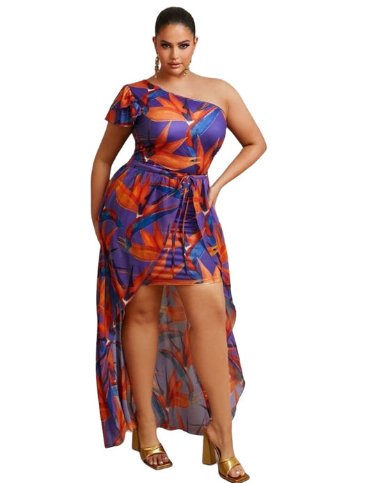 Grown & Sexy Beautiful Plus Size Allover Island Girl Styled Colors Printed One Shoulder High Low Skirt Wrap Sheer Dressy Clothes