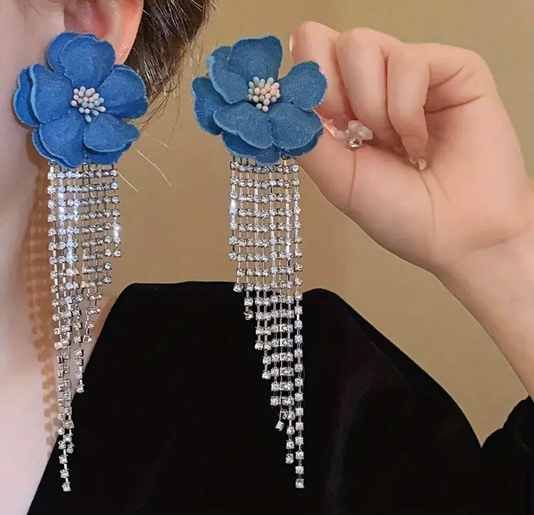 Elegant Styled Denim Blue Flower Tassel Earrings With Rhinestones Dangle Earrings for Formal & Casual Wear